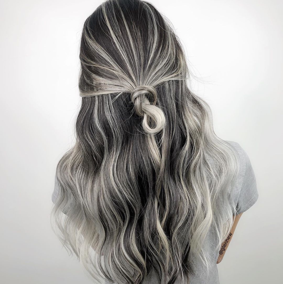 Casual black hair with ash blonde highlights