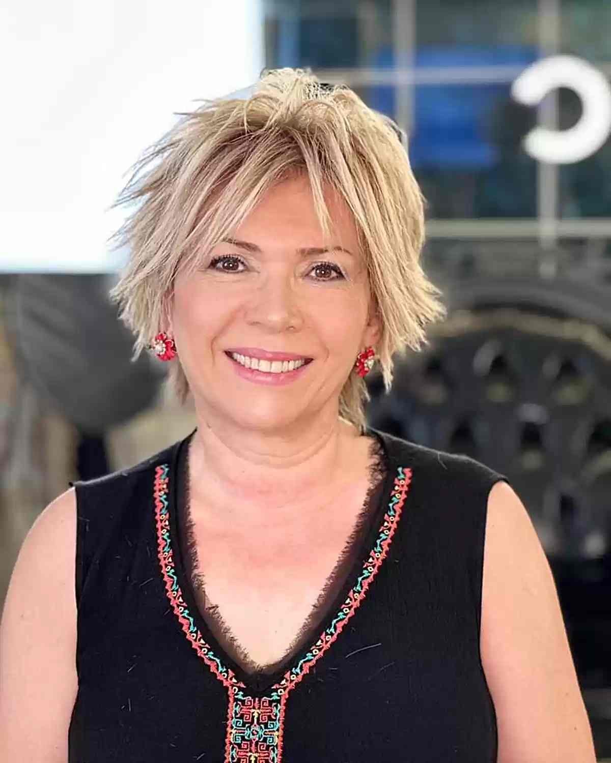 Blonde Choppy and Wispy Shag Cut for Ladies Aged 50 with Fine Hair