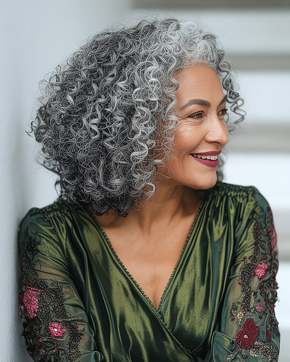 Defined gray curls in chin-length shape for a statement-making formal curly style