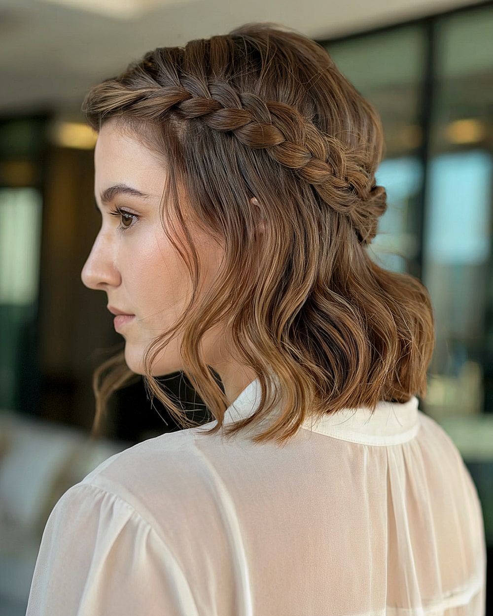 Half-up braided crown with soft waves for elegant formal events on medium-length hair
