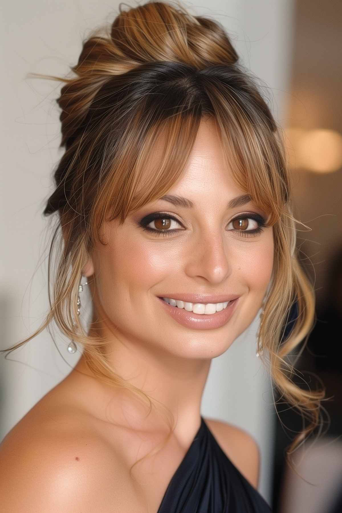 Woman with French twist and curtain bangs, brunette hair with caramel highlights