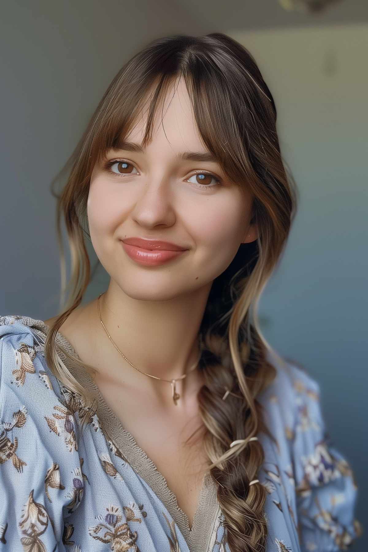 Woman with side braid and curtain bangs, light brown hair with blonde highlights