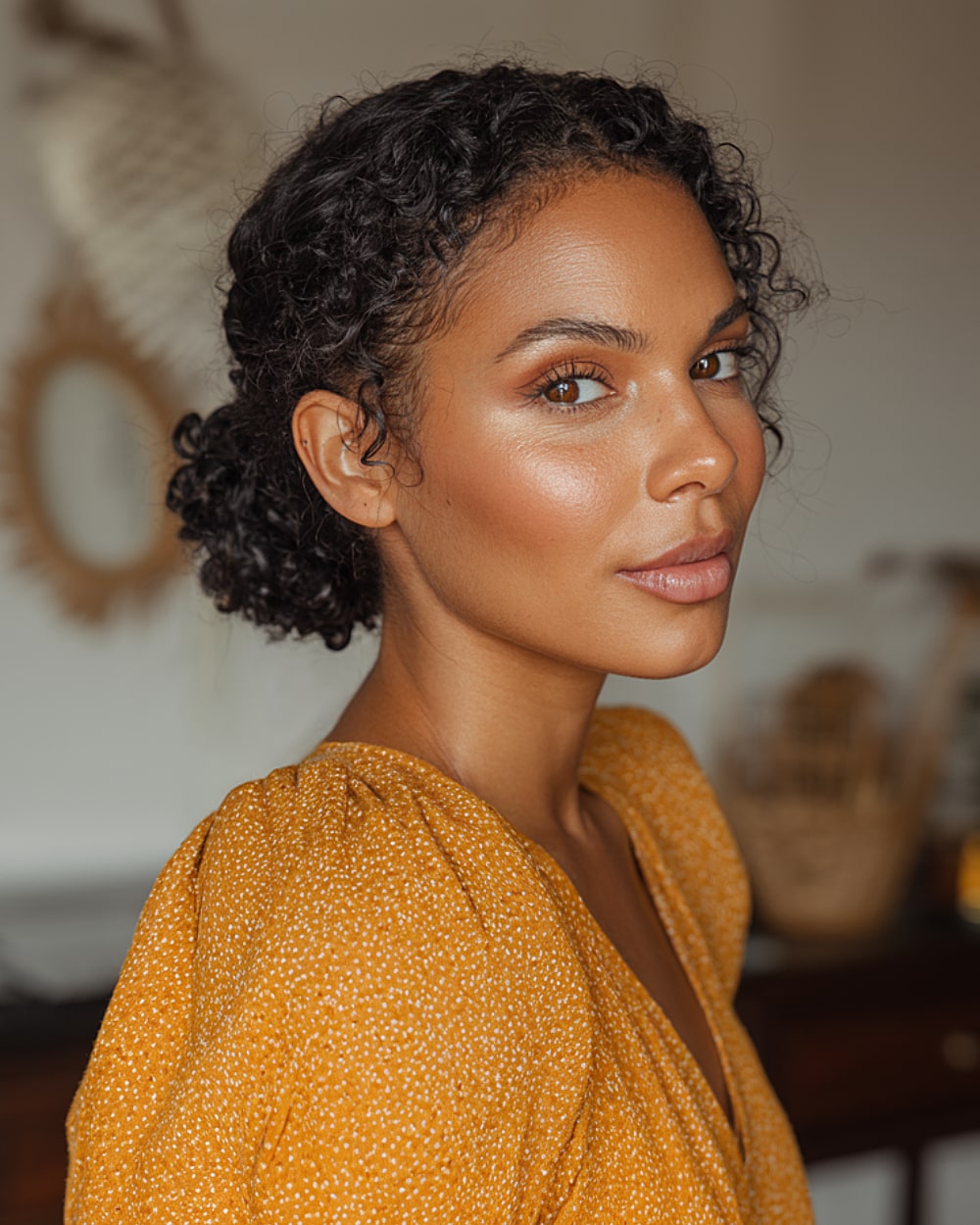 Low bun on natural curly textured hair with defined curls and clean edges