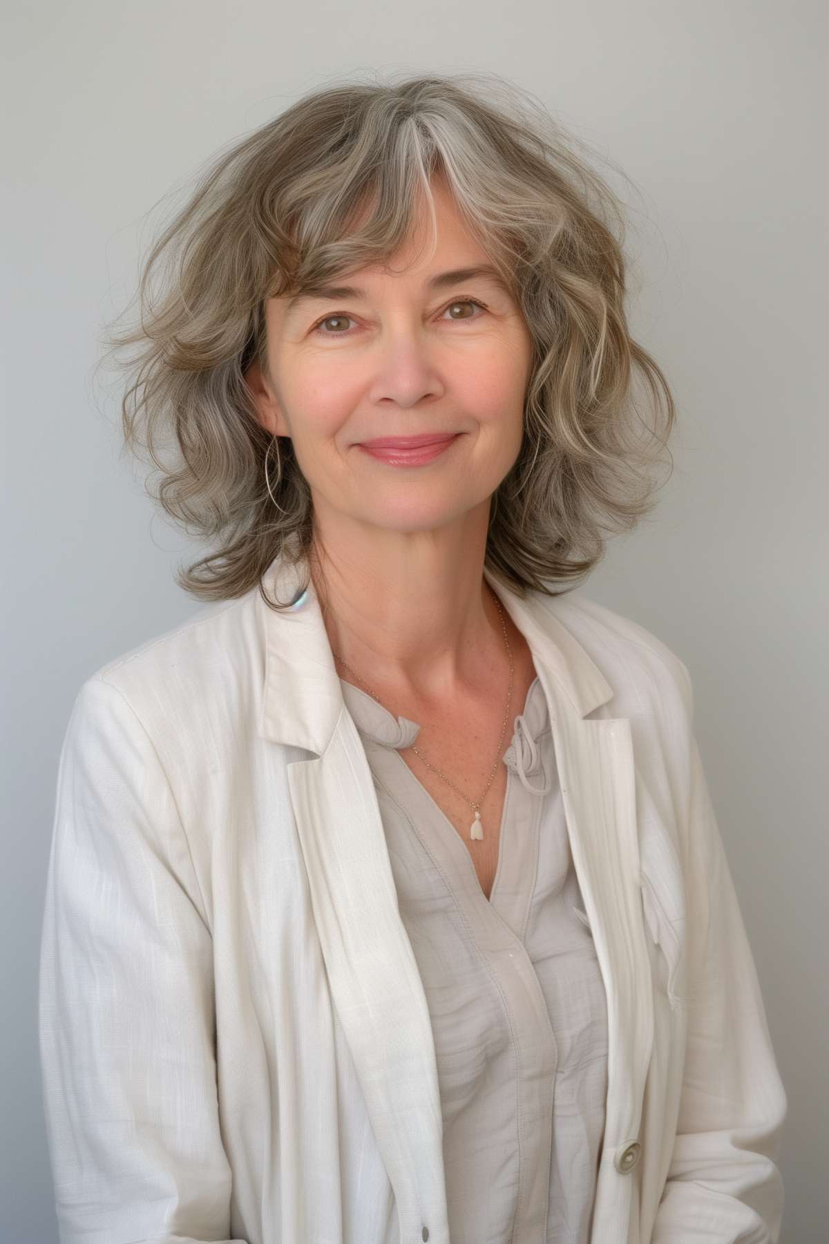 Woman with a shaggy layered bob haircut, shoulder-length, soft bangs, wavy hair